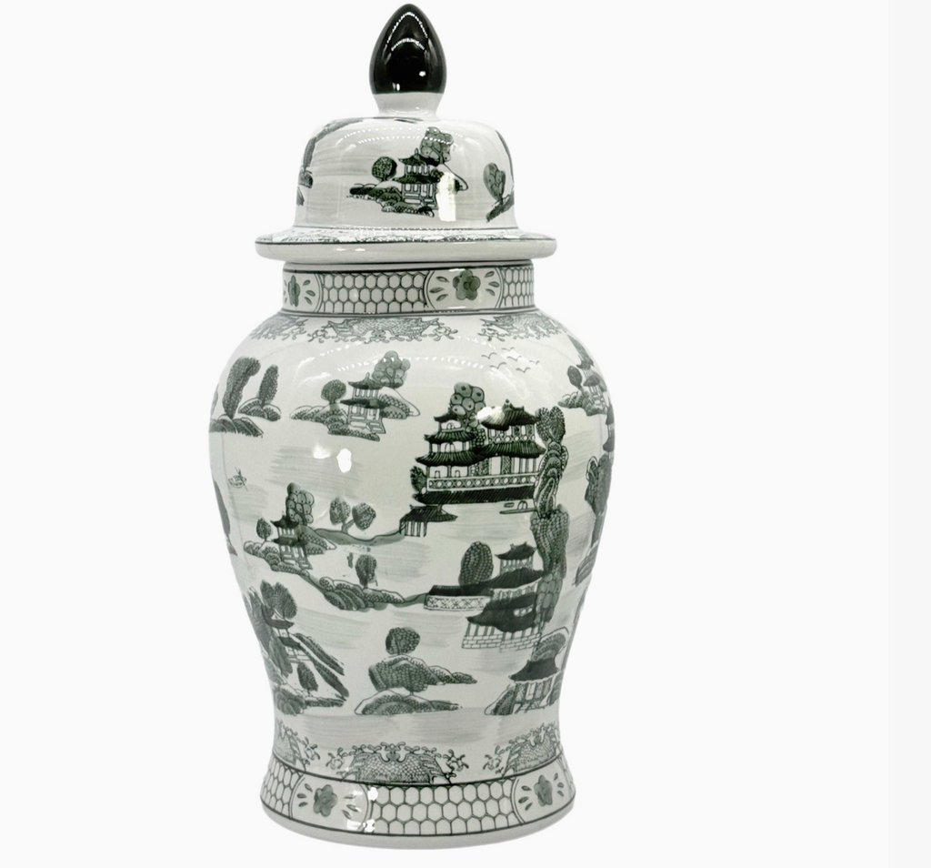 25" Black & White Landscape Chinoiserie Ceramic Jar