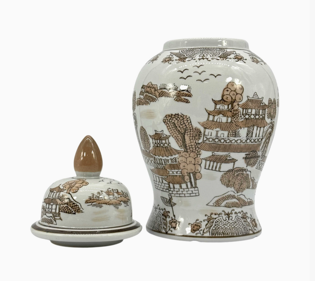 14 " Brown & White Landscape Chinoiserie Ginger Jar