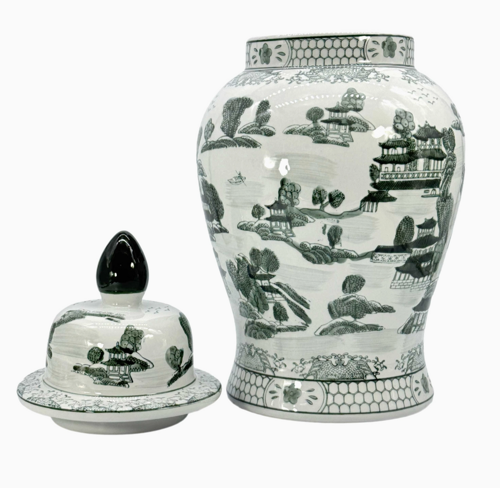 25" Black & White Landscape Chinoiserie Ceramic Jar